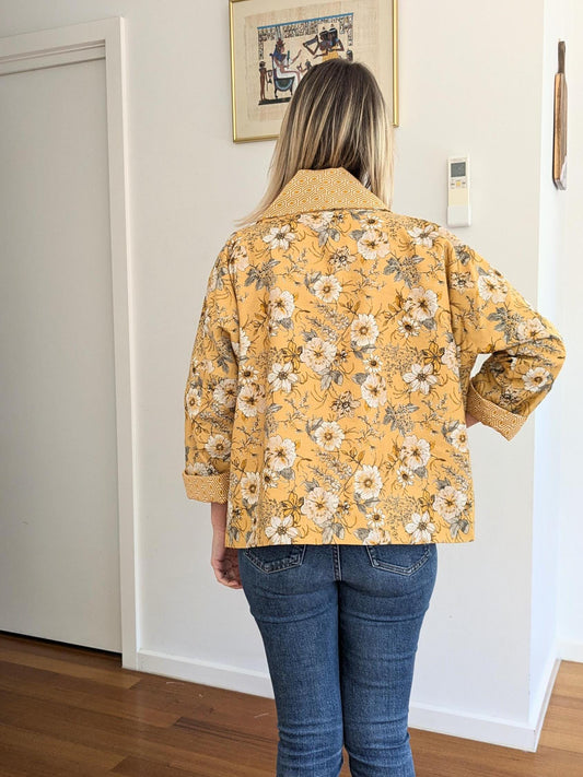 Boho Yellow Floral Kimono Blazer – Handmade Oversized Linen Jacket | Lightweight Lined Coat | Size S/M