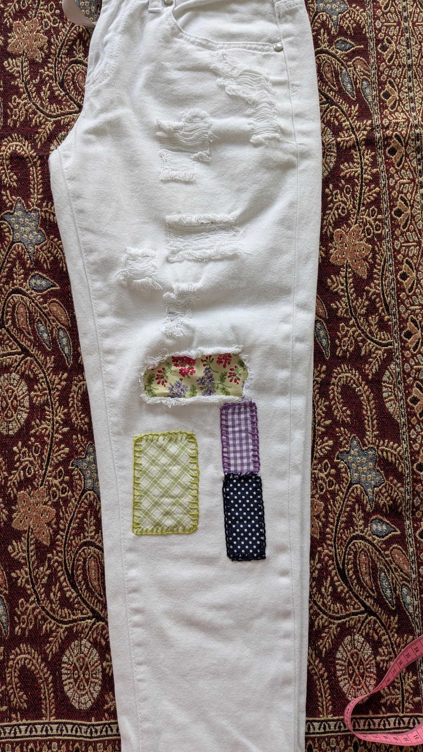 White Mid-Rise Jeans with Colourful Patches & Doily | Size 8 (AU), Petite Fit