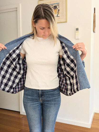 Spotted Blue Patchwork Kimono Blazer – Handmade Oversized Cotton & Denim Jacket | Size S/M
