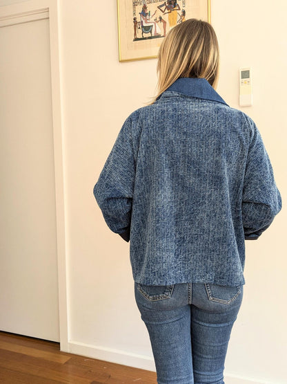 Blue Cotton Kimono-Style Blazer – Handmade Oversized Jacket with Denim Collar | Lightweight Layer | Size S/M