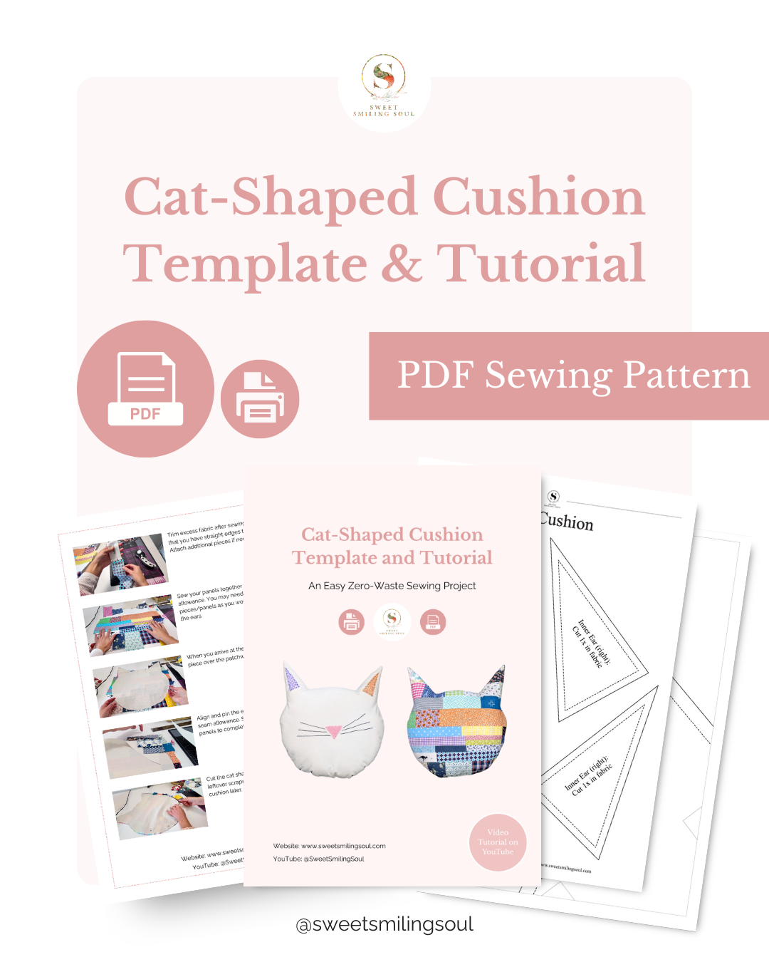 Patchwork Cat-Shaped Cushion – PDF Sewing Pattern + Tutorial