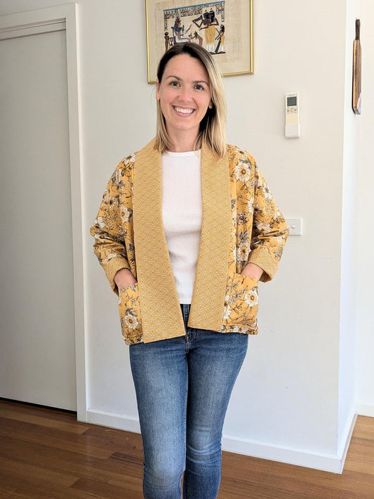 Boho Yellow Floral Kimono Blazer – Handmade Oversized Linen Jacket | Lightweight Lined Coat | Size S/M