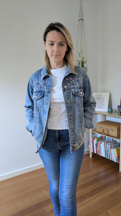 Upcycled Blue Denim Jacket with Patchwork & Embroidered Flowers | Size 10 (AU)
