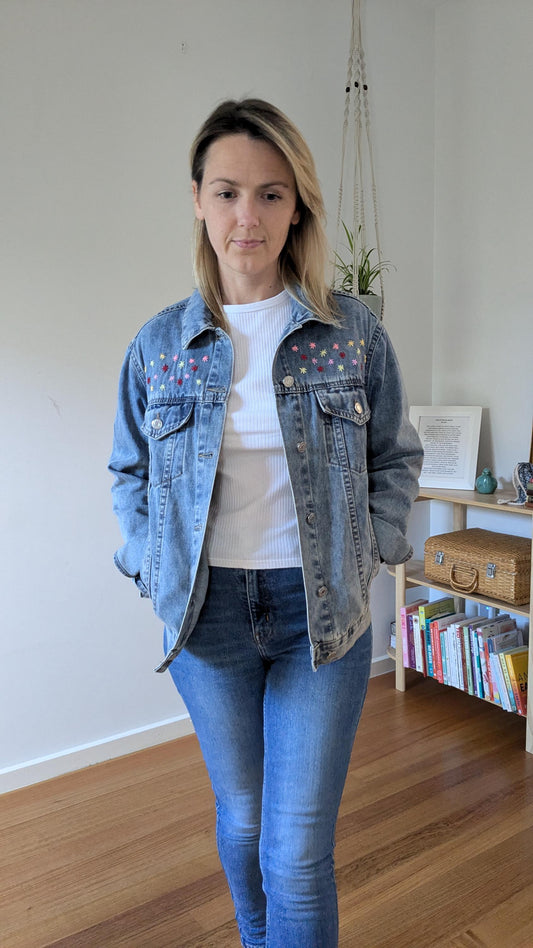 Upcycled Blue Denim Jacket with Patchwork & Embroidered Flowers | Size 10 (AU)