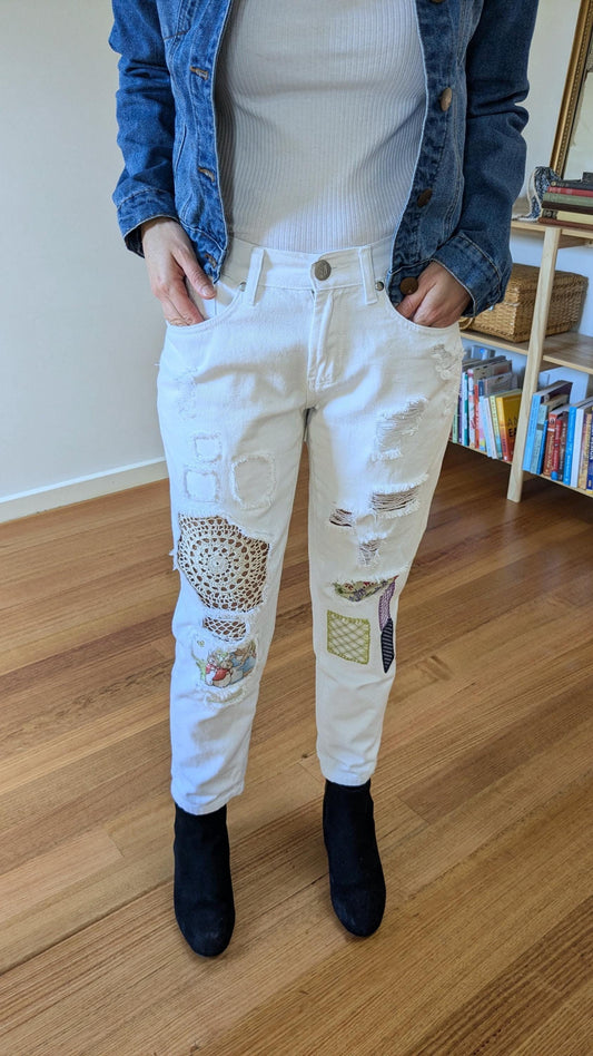 White Mid-Rise Jeans with Colourful Patches & Doily | Size 8 (AU), Petite Fit