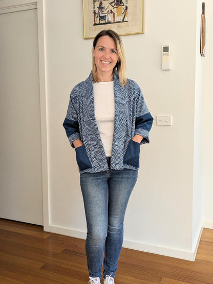 Spotted Blue Patchwork Kimono Blazer – Handmade Oversized Cotton & Denim Jacket | Size S/M