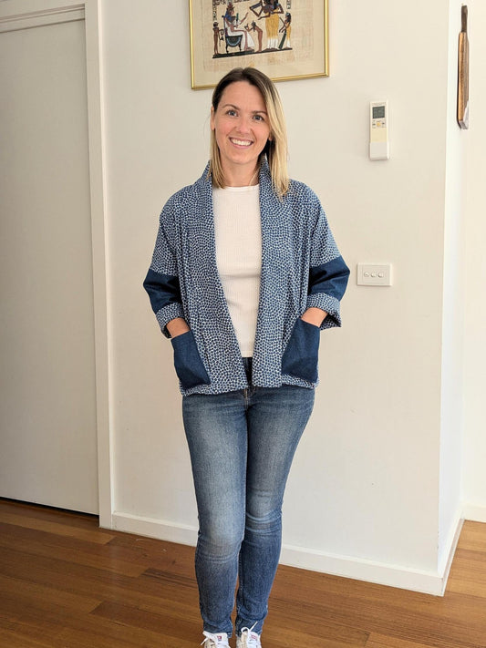 Spotted Blue Patchwork Kimono Blazer – Handmade Oversized Cotton & Denim Jacket | Size S/M