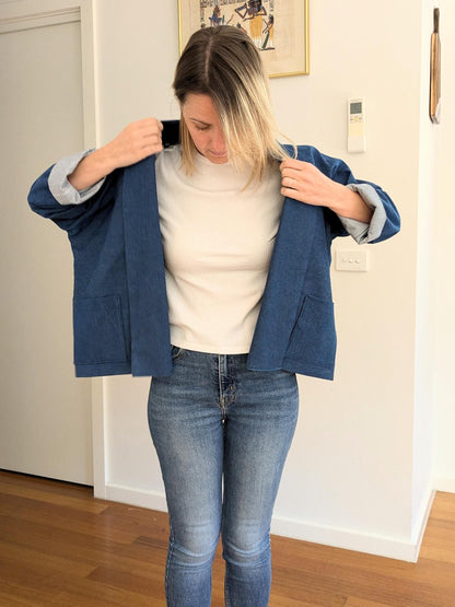 Blue Denim Boxy Blazer – Handmade Oversized Cotton Jacket – Lined Lightweight Coat – Relaxed Kimono-Style Statement Layer – Size S/M