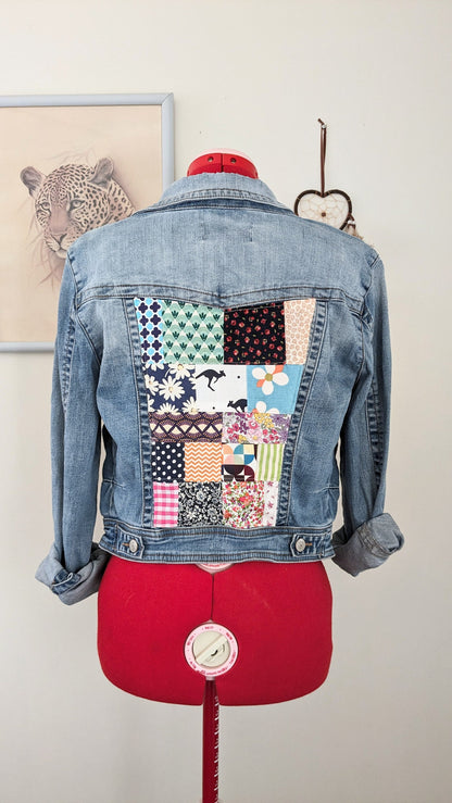 Upcycled Patchwork Denim Jacket – Handmade Sustainable Fashion | Size 8–10