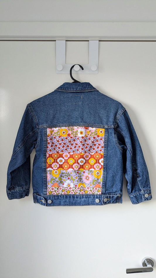 Upcycled Kids’ Levi’s Denim Jacket – Retro Floral Patchwork & Hand Embroidery | Fits 8–10 Years