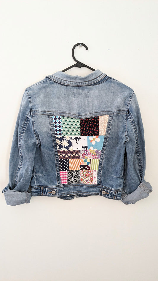 Upcycled Patchwork Denim Jacket – Handmade Sustainable Fashion | Size 8–10