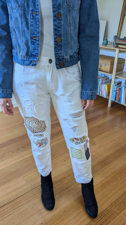 White Mid-Rise Jeans with Colourful Patches & Doily | Size 8 (AU), Petite Fit