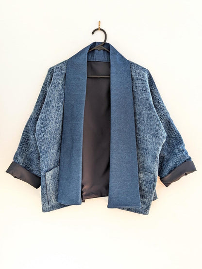 Blue Cotton Kimono-Style Blazer – Handmade Oversized Jacket with Denim Collar | Lightweight Layer | Size S/M