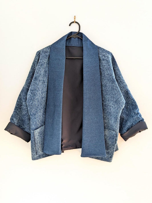 Blue Cotton Kimono-Style Blazer – Handmade Oversized Jacket with Denim Collar | Lightweight Layer | Size S/M