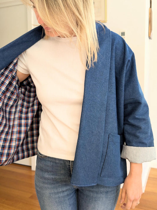 Blue Denim Boxy Blazer – Handmade Oversized Cotton Jacket – Lined Lightweight Coat – Relaxed Kimono-Style Statement Layer – Size S/M