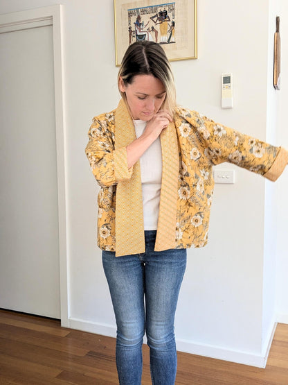 Boho Yellow Floral Kimono Blazer – Handmade Oversized Linen Jacket | Lightweight Lined Coat | Size S/M