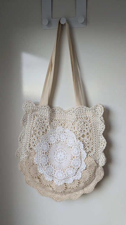 Upcycled Doily Tote Bag – Boho Hippie Shoulder Bag – Vintage Lace Eco Purse