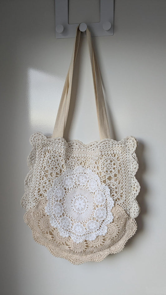Upcycled Doily Tote Bag – Boho Hippie Shoulder Bag – Vintage Lace Eco Purse