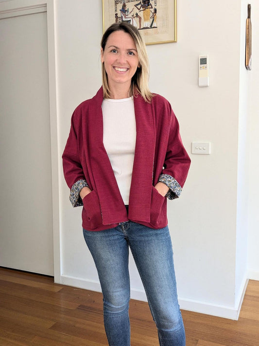 Handmade Burgundy Linen Kimono Jacket – Oversized Blazer | Size S/M
