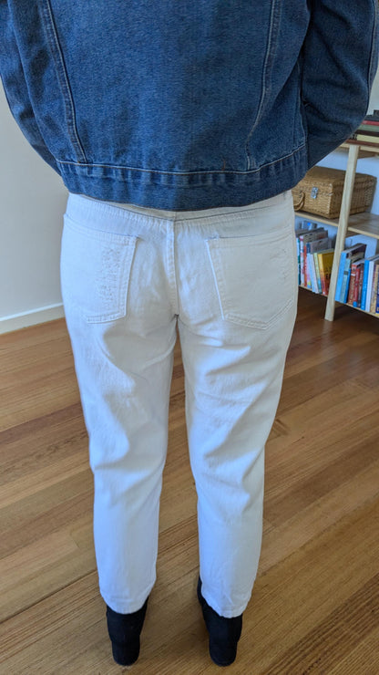 White Mid-Rise Jeans with Colourful Patches & Doily | Size 8 (AU), Petite Fit