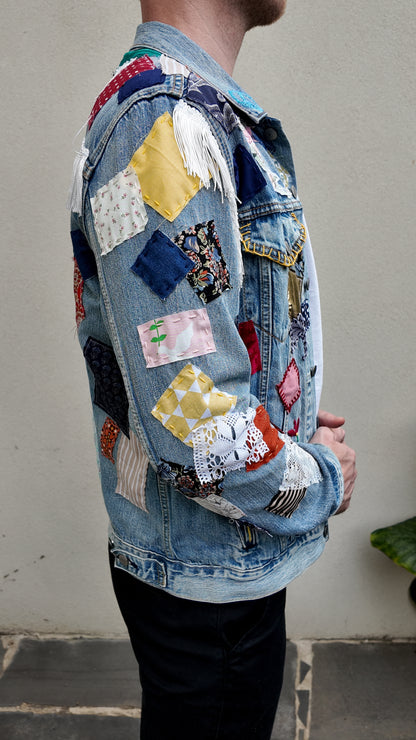 Handmade Bob Dylan Inspired Patchwork Jacket | One of a Kind | Men’s Large | Unisex Sizing | 80s Vintage Movie Inspired | Hand Embroidered