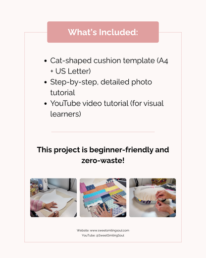 🐱 Patchwork Cat-Shaped Cushion – PDF Sewing Pattern + Tutorial