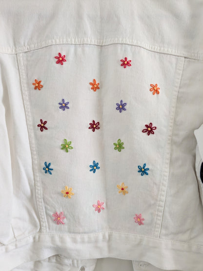 Upcycled Embroidered Denim Jacket – Handmade Patchwork Floral | Size XS