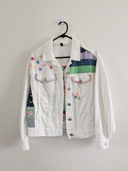 Upcycled Embroidered Denim Jacket – Handmade Patchwork Floral | Size XS