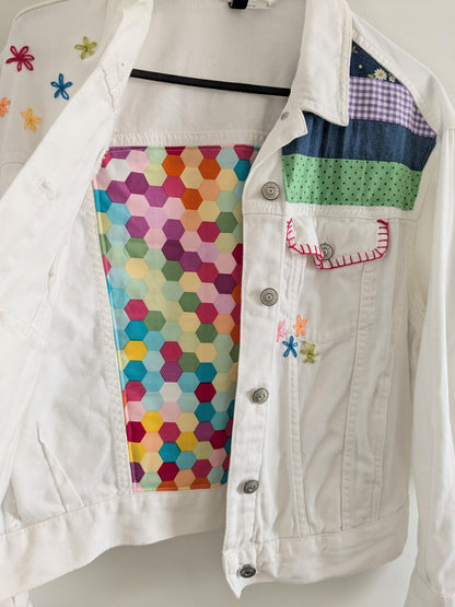 Upcycled Embroidered Denim Jacket – Handmade Patchwork Floral | Size XS