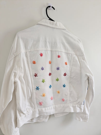Upcycled Embroidered Denim Jacket – Handmade Patchwork Floral | Size XS