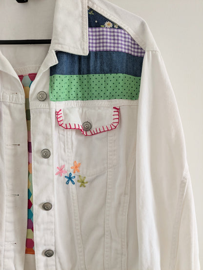 Upcycled Embroidered Denim Jacket – Handmade Patchwork Floral | Size XS