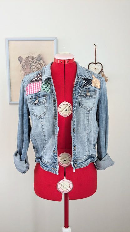 Upcycled Patchwork Denim Jacket – Handmade Sustainable Fashion | Size 8–10