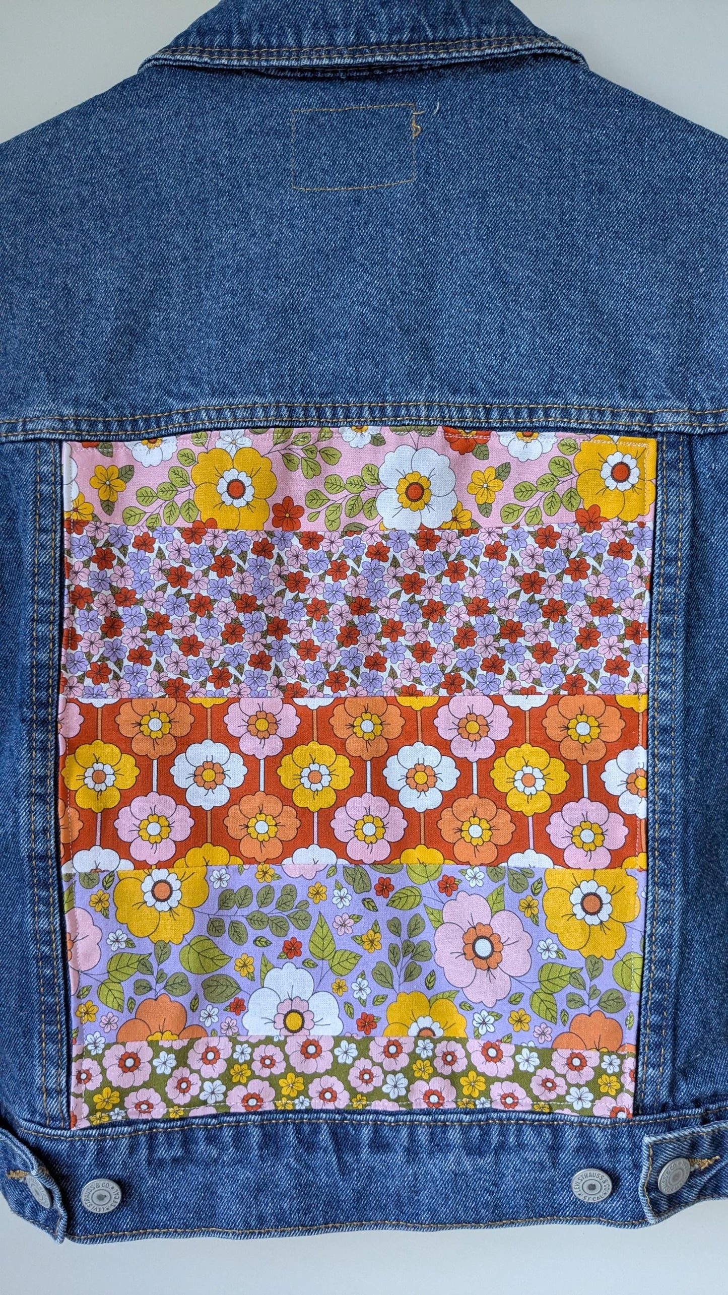 Upcycled Kids’ Levi’s Denim Jacket – Retro Floral Patchwork & Hand Embroidery | Fits 8–10 Years