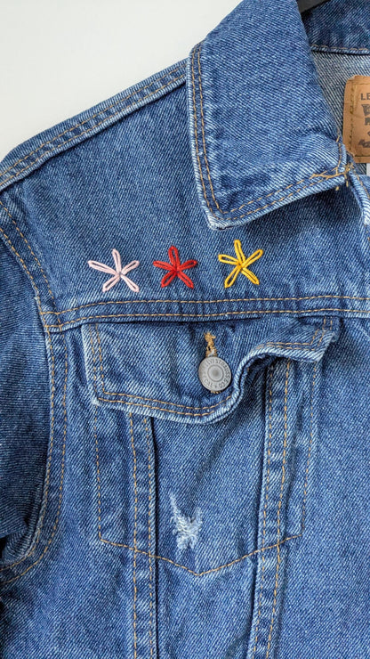 Upcycled Kids’ Levi’s Denim Jacket – Retro Floral Patchwork & Hand Embroidery | Fits 8–10 Years