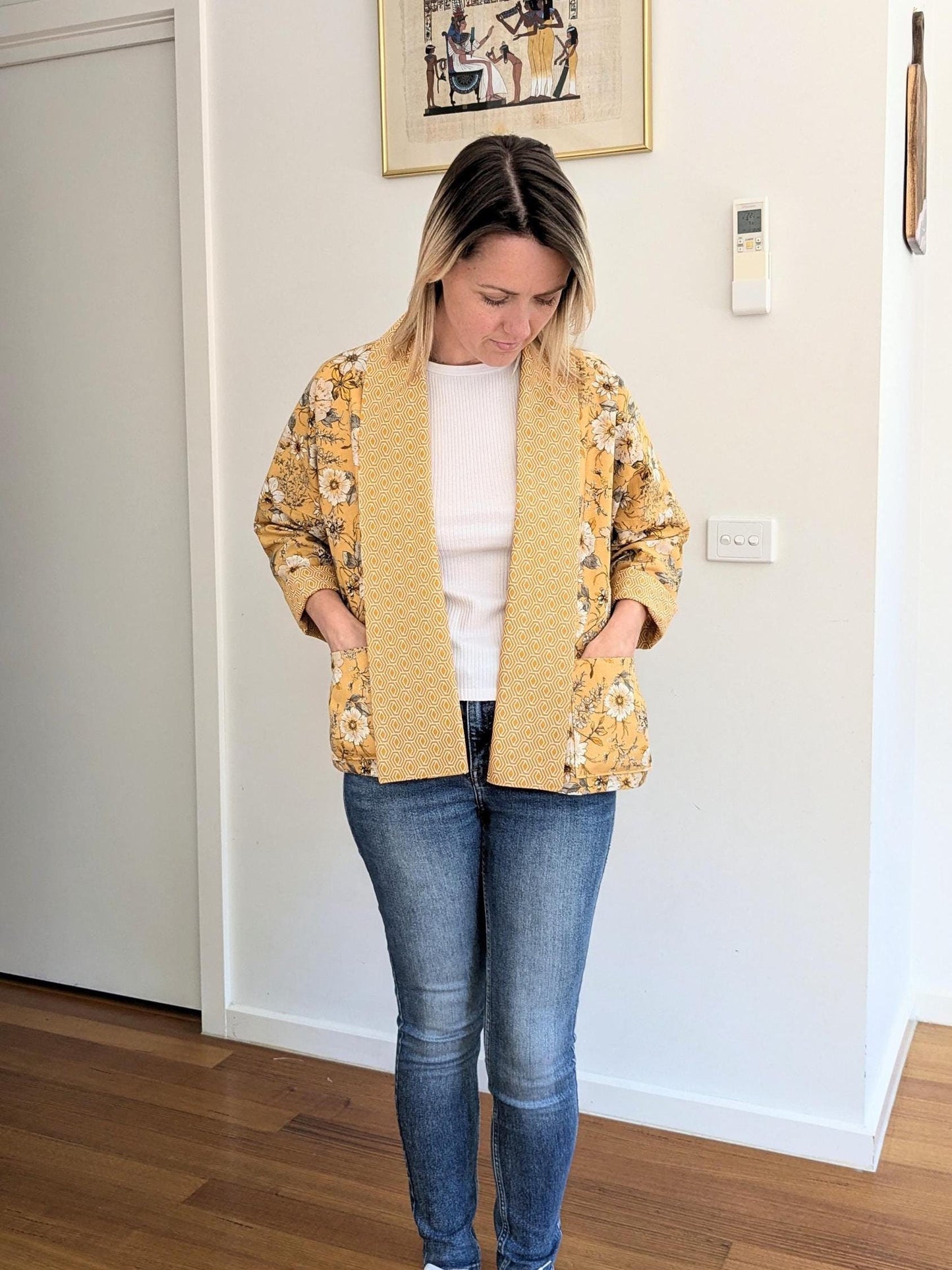 Boho Yellow Floral Kimono Blazer – Handmade Oversized Linen Jacket | Lightweight Lined Coat | Size S/M