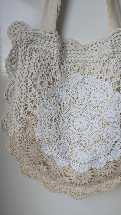 Upcycled Doily Tote Bag – Boho Hippie Shoulder Bag – Vintage Lace Eco Purse