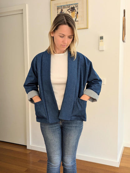Blue Denim Boxy Blazer – Handmade Oversized Cotton Jacket – Lined Lightweight Coat – Relaxed Kimono-Style Statement Layer – Size S/M