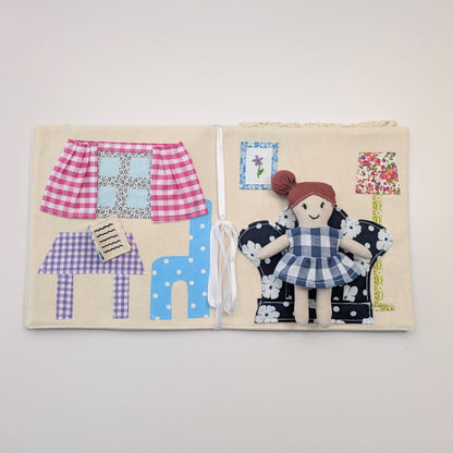 Dollhouse pattern page with illustrated steps for assembling the dollhouse.