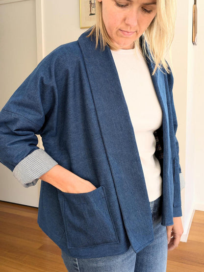 Blue Denim Boxy Blazer – Handmade Oversized Cotton Jacket – Lined Lightweight Coat – Relaxed Kimono-Style Statement Layer – Size S/M