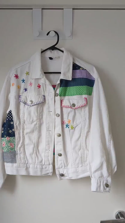 Upcycled Embroidered Denim Jacket – Handmade Patchwork Floral | Size XS
