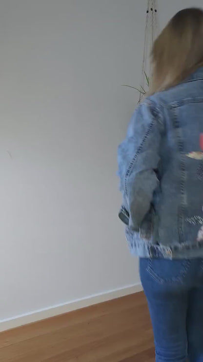 Upcycled Blue Denim Jacket with Patchwork & Embroidered Flowers | Size 10 (AU)